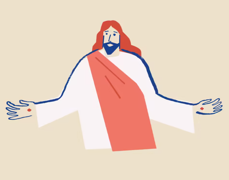 Illustration av Jesus med öppna armar och sårmärkta händer